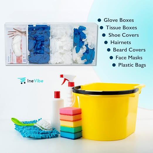 IneVibe 4 Compartment Hygiene Holder with Lid for Home or Office (Quad) | Quad Acrylic Dispenser For Hairnets, Glove Boxes, Face Masks, Plastic Bags, Tissue Boxes, Medical - Countertop or Wall Mount
