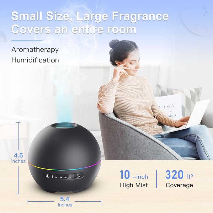 THIMONES 2 Pack Essential Oil Diffuser for Home - 200ml Ultrasonic Aromatherapy Diffuser with 4 Timers & 7 Colors Night Lights, 20dB Quiet Working for 10 Hours (Black+Black)