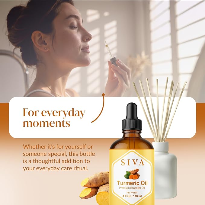 Siva Turmeric Essential Oil, Glass Bottle with Dropper, 4 Fl Oz (118 ml) | Turmeric Oil for Skin Care, Face Care, Hair Care, Body Massage, Diffuser, Soap Making, Candle Making, Blending & DIY Projects