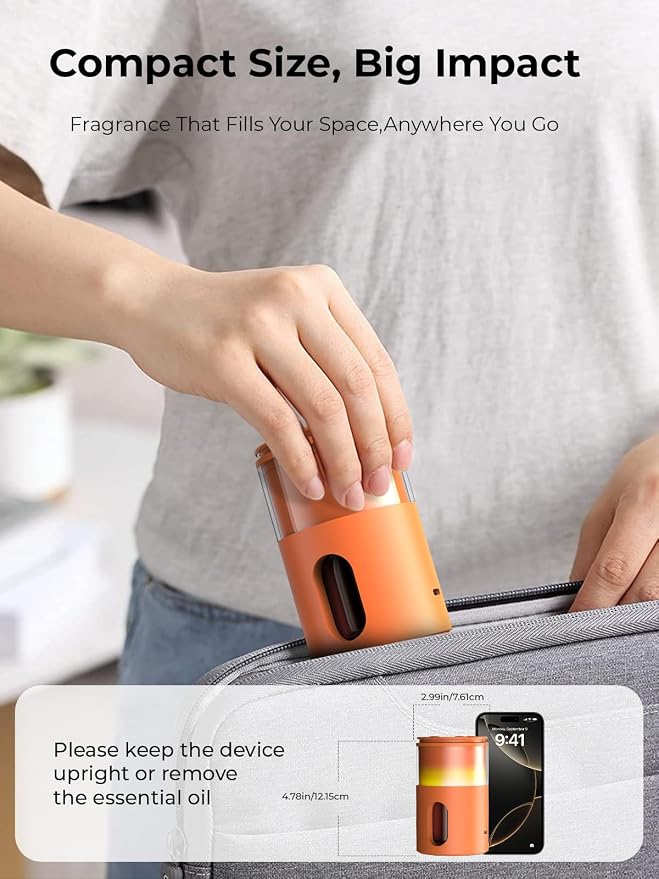 Waterless Essential Oil Diffuser: 𝟗-𝐂𝐨𝐥𝐨𝐫 𝐋𝐄𝐃 Orange | Portable Scent Diffuser - No Water No Heat For Pure Aroma - 48H Battery 3 Mist Levels & 4 Timers for Car Office