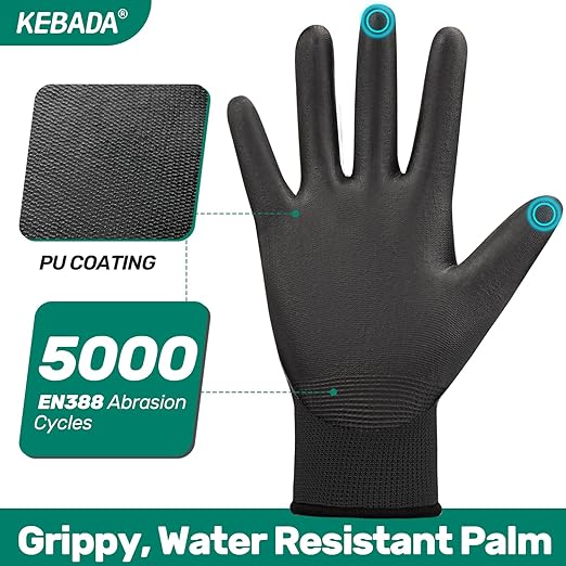 Kebada W1 Work Gloves for Men and Women, PU Coated Safety Gloves with Grip, Touchscreen, Ideal for Warehouse Package Handling, Construction, Gardening, Black Medium