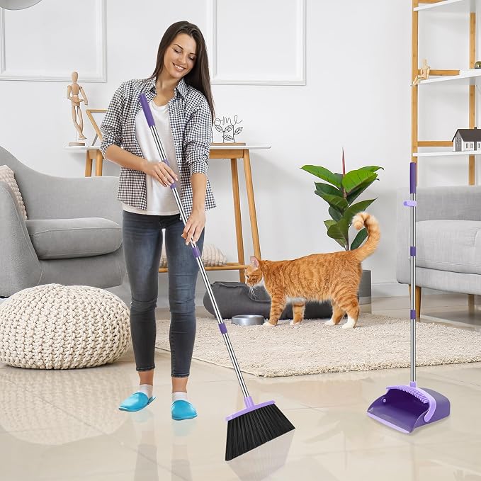 NACENA Broom and Dustpan Set, 52-in Long Adjustable Handle Broom Dustpan Combo with Dustpan Teeth to Automatically Clean Hair Suitable for Home Kitchen Office Hall Floor (Purple), 4 Pack