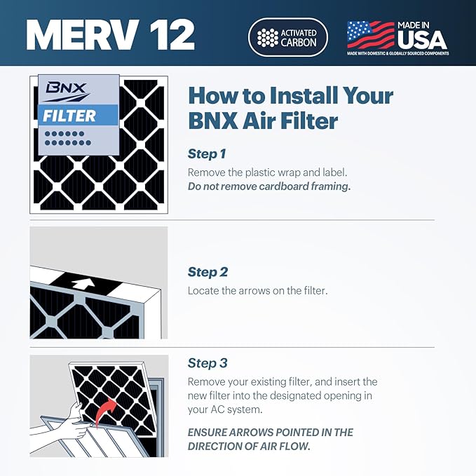 BNX TruFilter 14x25x1 MERV 12 Odor Defense (6-Pack) AC Furnace Air Filter with Activated Carbon - MADE IN USA - Pleated Air Conditioner HVAC AC Furnace Filters - Removes Odor, Mold, Bacteria, Smoke