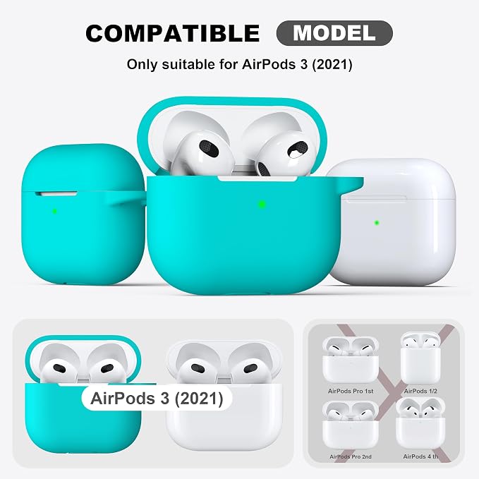 Compatible with AirPods 3 Case Cover, Silicone Protective Accessories Skin with Keychain Compatible with Apple AirPod 3rd Generation 2021 for Women Men Girls Boys,Front LED Visible,Teal