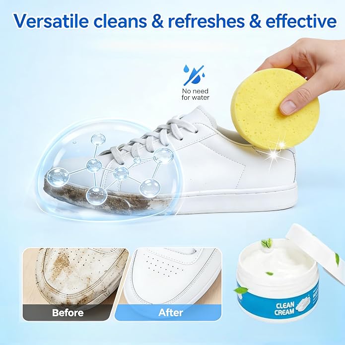 White Shoe Cleaning Cream, 2PCS Shoe Cleaner,Multipurpose No-Wash Solid Comes with Sponge Deep Cleaning, Shoes Clean Cream