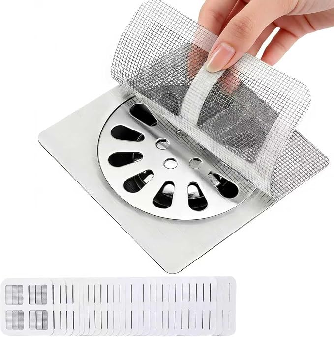 Shower Drain Hair Catcher 30 Pack for Disposable Drain Covers | 4 inch white mesh, bathroom sink strainer, bathtub water filter, waterproof adhesive backing, kitchen laundry plug hole