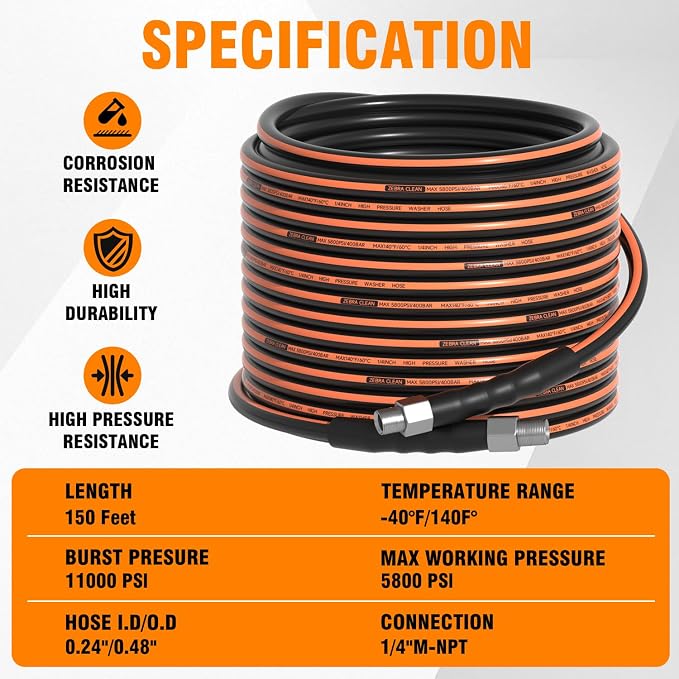 100FT Sewer Jetter Kit for Pressure Washer, 1/4" NPT Corner Drain Cleaner Hose 5800 PSI with Sewer Jetting Nozzles, Pearl Corsage Pin, Waterproof Tape, Extension Cord Organizer&2 Spanner
