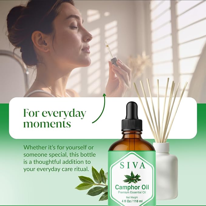 Siva Camphor Essential Oil, Glass Bottle with Dropper, 4 Fl Oz (118 ml) | Camphor Oil for Diffuser, Humidifier, Steam, Spray, Body Massage, Hair, Skin, Soap Making, Candle Making & DIY Blending