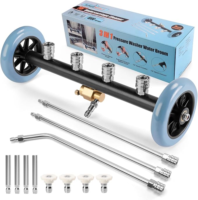 3-In-1 Under Carriage Pressure Washer, 16 Inch Pressure Washer Water Broom | Pressure Washer Undercarriage Cleaner Attachment for Power Washer Surface Cleaner with 3 Extension Wands and 8 Nozzles