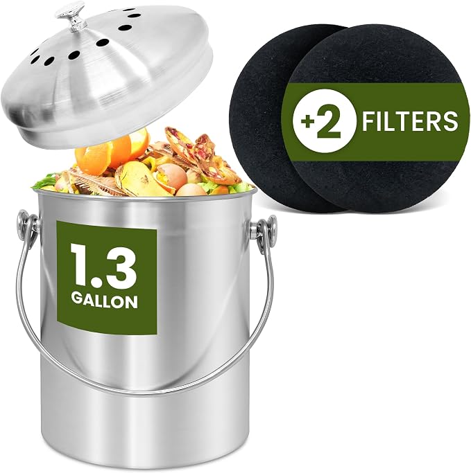 Reli. 1.3 Gallon Stainless Steel Compost Bin for Kitchen | Charcoal Filters | Silver, Indoor Composting Bin with Charcoal Filters | Odorless Food Waste Countertop Bucket