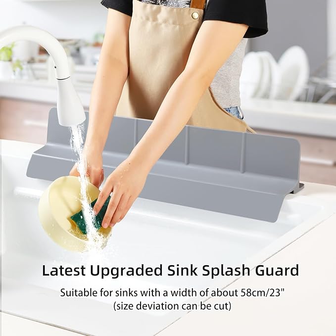 23" Ultra Silicone Sink Splash Guard Released in 2025/Dec,Self-Draining Water Splash Guard for Kitchen Sink,Bathroom and Island,with 3.5" High Splash Guard & 7 Strong Suction Cup (Grey)