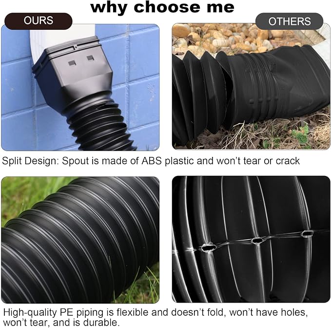 plusgutter 16.5ft Long Gutter Downspout Extensions Flexible, 4" Diameter Drain Downspout Extender, Down Spout Drain Extender for Rainwater Drainage, Extendable from 3.4ft to 16.5ft(1Pack Black)