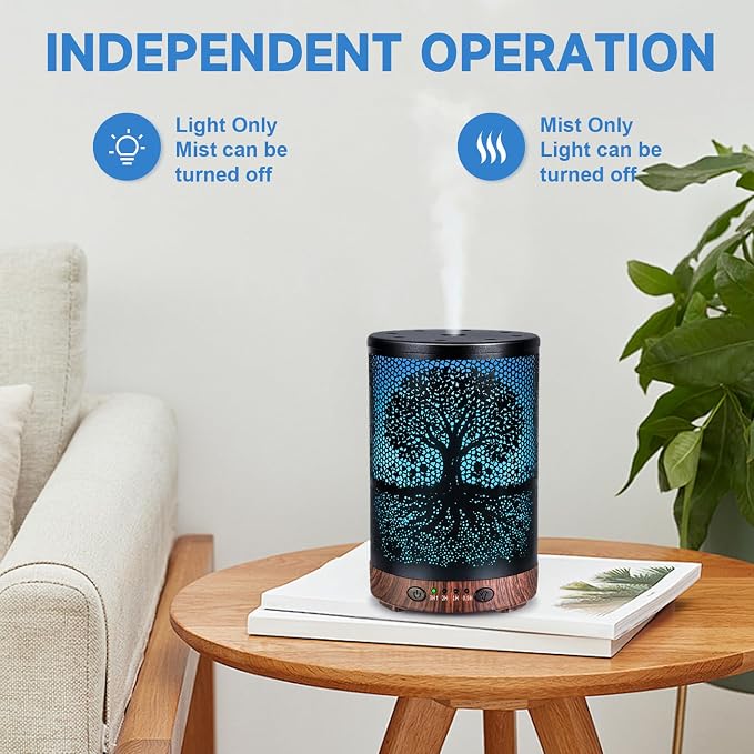 Essential Oil Diffuser 120ML Metal Aromatherapy Diffuser with Timer, Cool Mist Humidifier with Auto Shut-Off & 7 Color Lights for Home Office Spa (Life Tree)