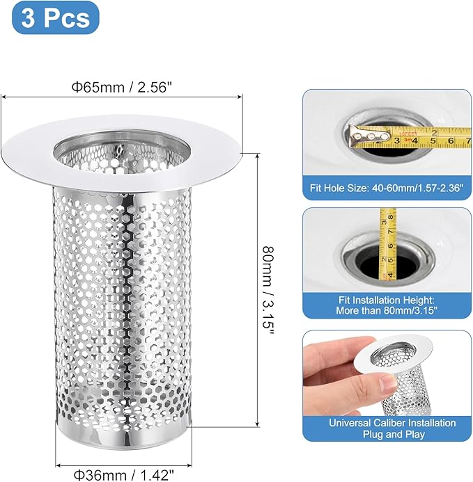 uxcell 2 Pack Shower Drain Strainer, 3.1" x 2.5" Stainless Steel Floor Drain Strainer Deep Sink Hair Catcher for Kitchen Bathroom Balcony Floor Drain, Fit Hole Size from 1.57" to 2.36"