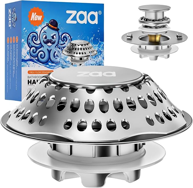 zaa Bathtub Drain Stopper, Upgraded 2in1 Tub Stopper Bathtub Drain Cover and Hair Catcher, Pop Up Bathtub Drain Plug, Replaces Lift & Turn, Tip-Toe or Trip Lever, for 1.46-2" W Drain Hole, Silver