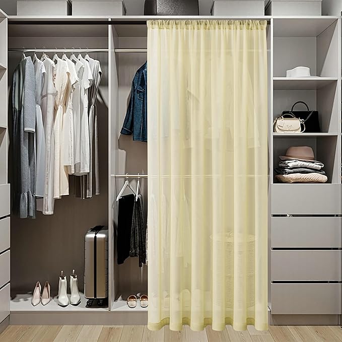 Tollpiz Short Sheer Door Curtains Closet Linen Textured Curtains Sheer Doorway Light Filtering Voile Patio Door Rod Pocket Curtain French Door, 54 x 40 inches Long, Transparent Yellow, Set of 1 Panel