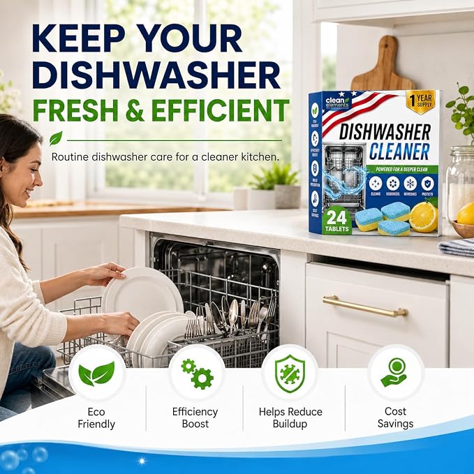 Dishwasher Cleaner Deodorizer Tablets, 24 Pack Dishwasher Cleaning Tablets Descaler Pods for Limescale, Calcium & Hard Water Stains, Lemon Dishwasher Cleaner Pods for Odor, Grease & Machine Care