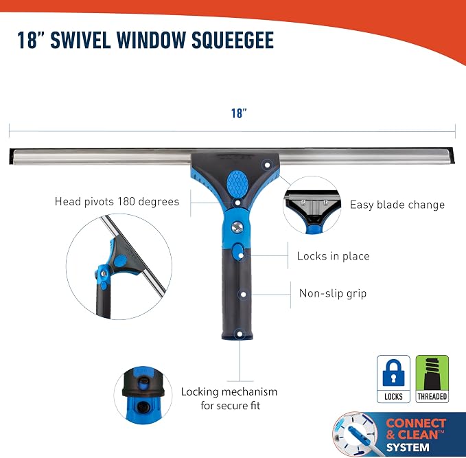 Unger Professional Connect and Clean 18” Grip Swivel Window, Glass Squeegee, and 8’ Pole, 180-Degree Pivoting Handle with Lock, Cleaning Supplies for Streak-Free Results
