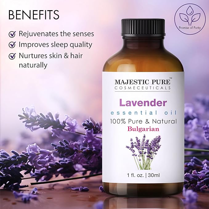 Majestic Pure Lavender Essential Oil for Diffuser - 1 Fl Oz | 100% Natural Essentials Oils Ideal for Relaxing Tense Mood, Eliminating Odor, Creating Peaceful Atmosphere for Sleep & Work