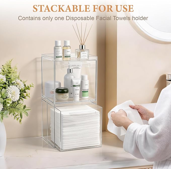 Anyoifax Disposable Face Towels Holder with 2 Pack Qtip Holders, Clear | Acrylic Box Bin Compatible with Clean Skin Club Clean Towelettesl XL Bathroom Counter Storage with Drawer