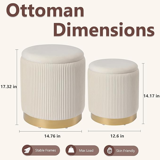 Royal Windsor Round Ottoman with Storage Set of 2, Vanity Stool with Storage for Bedroom, Ottoman Coffee Table Gold-Tone Ring Around The Base, Small Velvet Foot Stool for Living Room, Beige