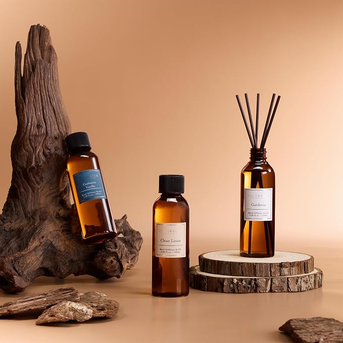 Reed Diffuser Refill Set, 10.2oz Scented Oil Refill 3 Pack, Clean Linen, Cashmere Vanilla, Gardenia, Long Lasting Oil Diffuser Refill with 18 Sticks for Bathroom & Bedroom