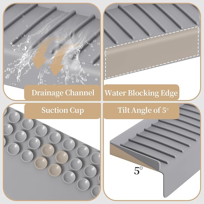 Sink Edge Protector with Suction Cup, 14" x 4", Silicone Sink Splash Guard for Kitchen & Bathroom, Protect Countertop from Scratches, Stains, for Stainless Steel Granite Quartz, Gray
