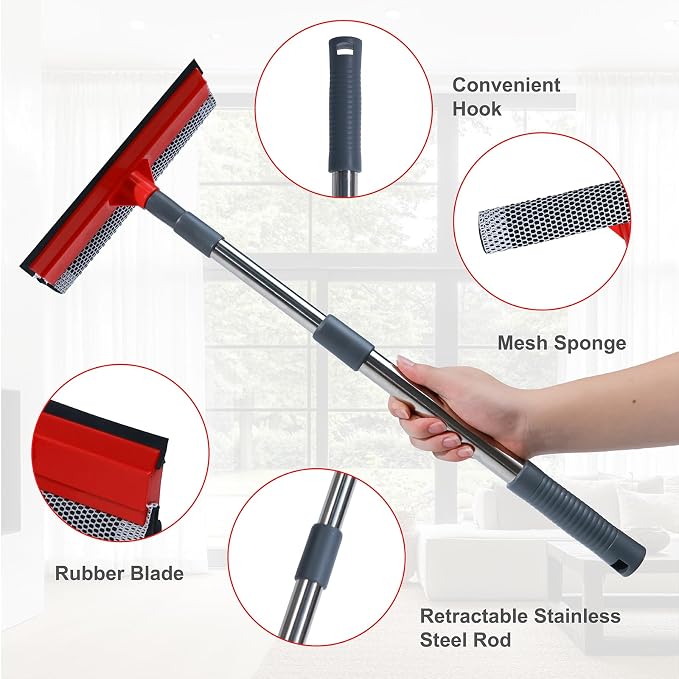 Window Squeegee with 19-37" Long Handle, 2-in-1 Squeegee Cleaner Tool, Retractable Stainless Steel Handle for Car Windshield, Shower Glass, Glass Doors, Outdoor Windows, High Windows