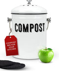 Granrosi Compost Bin Kitchen Counter, 1.3 Gallon, 3 Charcoal Filters | Countertop Composter Pail with Lid, Stainless Steel Counter Top Bin, Rust-Free Farmhouse Indoor Compost Bucket, White Oval