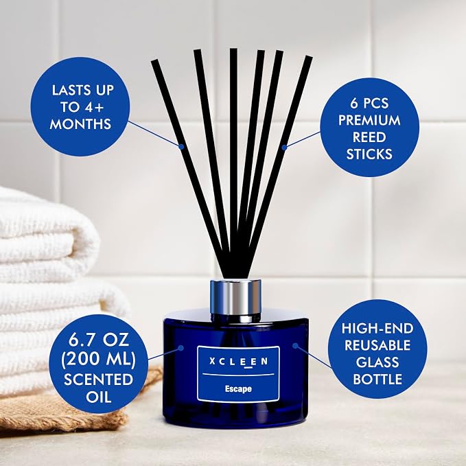 Xcleen Reed Diffuser, 6.7 Oz Escape Scented Diffuser with Sticks, Long Lasting Fragrance Air Freshener, Bathroom Shelf Decor