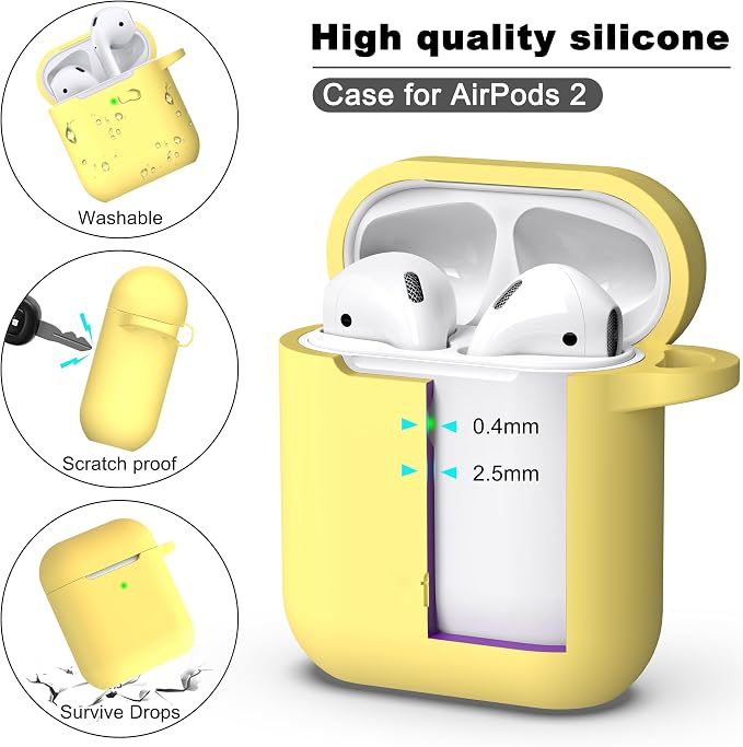 R-fun for AirPods 1/2 Case, Soft Silicone Protective Cover with Keychain and Cleaning Pen, Compatible with AirPods 2nd/1st Generation (2016/2019), Full Drop Protection Cover, Yellow