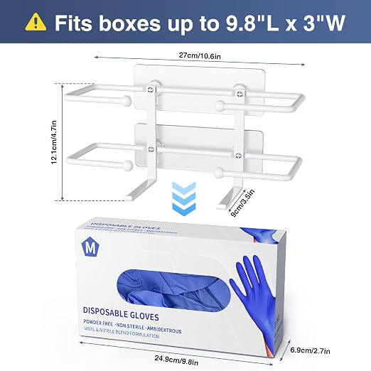 Glove Box Holder, Adhesive Wall-Mounted Metal Dispenser, White | Tool-Free Adhesive Wall Mount Metal Glove Box Holder for Latex Rubber Gloves, Facial Tissues and Wipes Storage