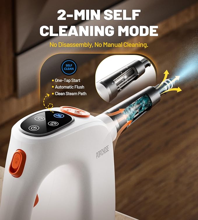 POPCHOSE Handheld Steam Cleaner with Detergent Dispenser | 15s Heat-Up, 500ml Removable Water Tank, Lightweight Portable Steamer for Cleaning Grout, Windows, Kitchen & Bathroom