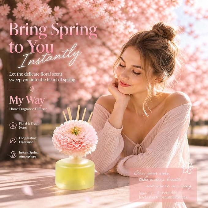 My Way Reed Diffuser with Sakura Flower, 3.38 Fl Oz | Inspired by MY WAY Perfume,Lasts 12 weeks, Room Freshener for Bedroom, Bathroom, Office,Gift