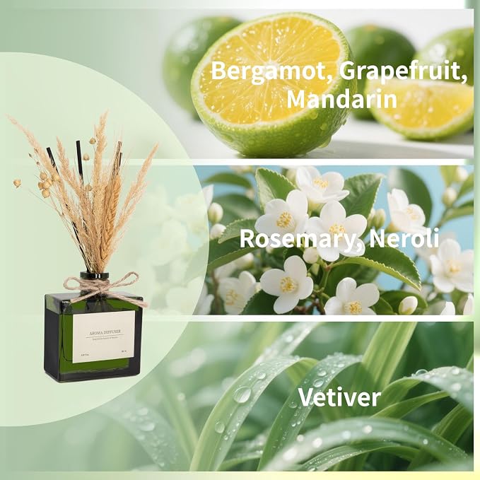 Reed Diffuser, 6.09 oz Citrus Grove Scent Diffuser with Sticks & Dried Flowers, 120 Days Long Lasting Diffusers for Home, Elegant Fragrance for Bathroom Bedroom Office Decor Air Fresh