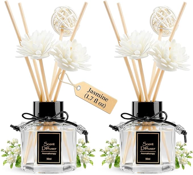 TonJin 2PCS Jasmine Reed Diffuser Set 1.7 fl oz with 6 Scent Sticks, Exotic Floral Home Fragrance, Natural Scented Oil Sticks for Bathroom, Living Room & Bedroom | Non-Toxic Air Freshener