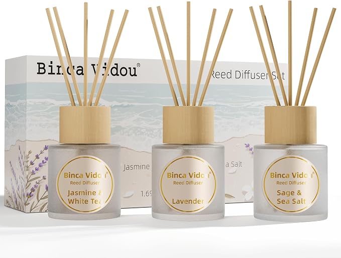 Reed Diffuser Set of 3, Binca Vidou Lavender, Jasmine & White Tea, Sage & Sea Salt Natural Scent Oil Diffusers with Sticks for Home Office Bathroom Aromatherapy Decor 1.69oz x 3