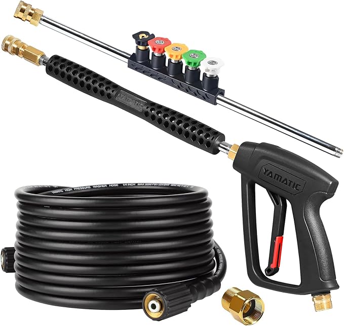 YAMATIC Pressure Washer Gun and 25FT Hose M22-14mm & M22-15mm with Wand | 4000PSI 5 Tips Holder 1/4" QC Outlet for Foam Cannon, Kink Resistant Power Wash Hose, Replacement for Ryobi Simpson Craftsman