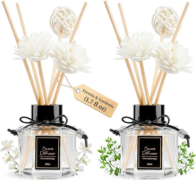 English Pear&Freesia + Gardenia Reed Diffuser Set of 2 for Bathroom, 1.7 fl oz Essential Oil Diffuser Sticks | Home Air Freshener Fragrance with 6 Reeds for Diffuser | Smell Good for Home Shelf Decor