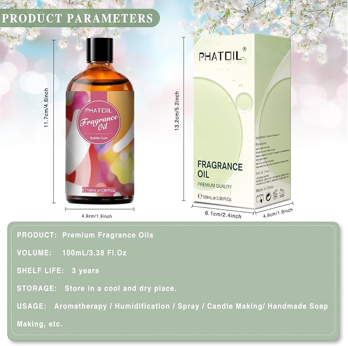 PHATOIL Bubble Gum Fragrance Oil for Diffuser Aromatherapy 3.38FL.OZ | Long Lasting Scented Oils For Humidifier, Air Freshener, DIY Soap Candle, Scent Project Making, Aroma Oil for Home Freshening