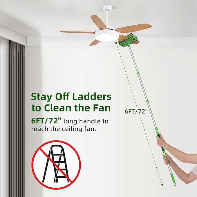 Ceiling Fan Cleaner Cobweb Duster with 6Ft/72'' Extension Pole High Ceiling Fan Blade Cleaning Tool Microfiber Duster Reusable Pads for Cleaning Ceiling Fan, Spider Web, Baseboard, Blind