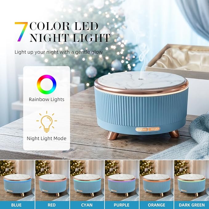 500ml Essential Oil Diffuser, Ultrasonic Aromatherapy Humidifier | with Remote Control, 7-Color LED Light, Timer & Auto Shut-Off, Cool Mist Diffuser for Home, Bedroom, Office (Blue)