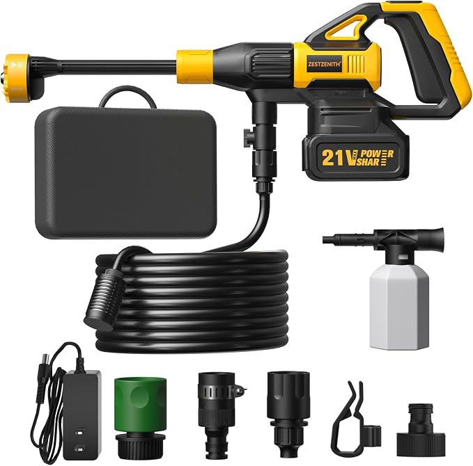 Cordless Portable Washer, Battery Operated Car Washer with 21V Battery & Charger, 990 PSI, 6-in-1 Nozzle, Foam Pot, 23FT High-Elastic Hose, Handheld Cleaner for Home Garden Patio Driveway