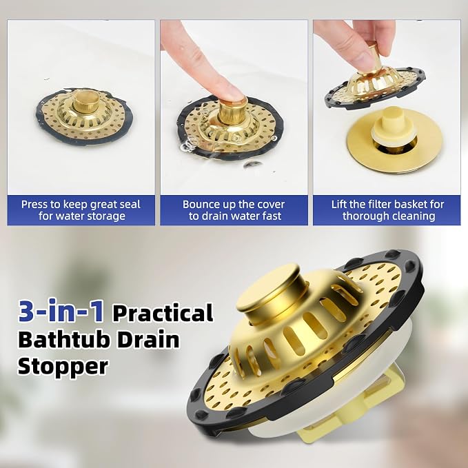 Universal Bathtub Drain Stopper Shower Drain Hair Catcher, Tub Stopper with Visible Top Strainer, Upgraded 3 in 1 Pop-up Drain Plug Fit for 1.5 to 2.4" Hole, Stainless Filter Basket, Brushed Gold