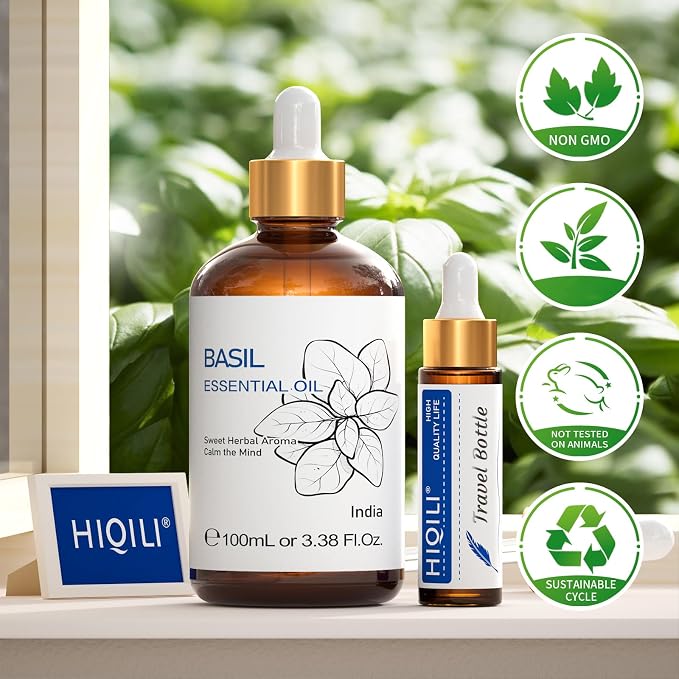 HIQILI Basil Essential Oil for Aromatherapy Diffuser, Hair Care | Perfect for bedroom, yoga, skin care. Promotes calm relaxation, body massage, DIY soap and candle - 100mL / 3.38 fl.oz