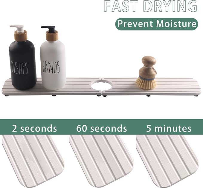 NiuYichee Faucet Mat for Kitchen Sink – Diatomite Stone Drying Mat, Absorbing Stone Tray for Bathroom Counter (White, 23.6" x 3.9")