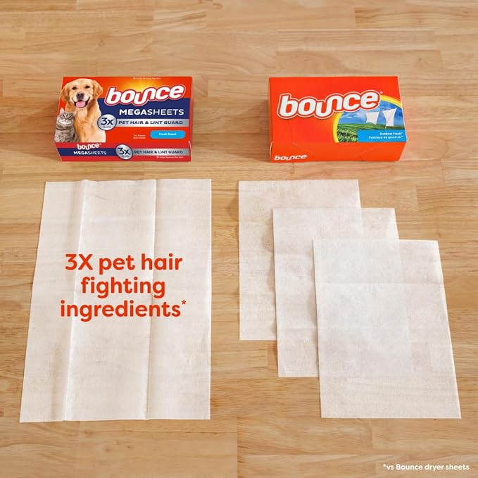 Bounce Pet Hair and Lint Guard Fabric Softener Dryer Sheets | Fresh Scent | 3X Pet Hair Fighters | Mega Sheets | 180 Count, Pack of 3
