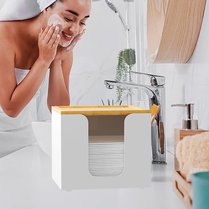 VITVITI Disposable Face Towel Holder for Clean Skin Club, Acrylic Box White | XL Face Towels Holder Container, Facial Towel Storage with Bamboo Lid, for Bathroom, Vanity Makeup