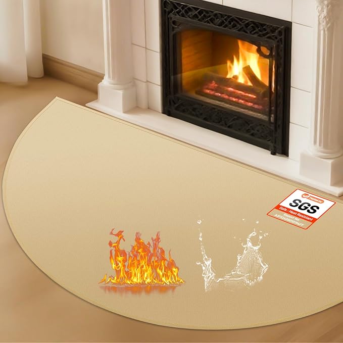 TOHONFOO Fireplace Mat for Home Protection, 4' x 2'4" x 0.04'', Khaki | 1800°F fireplace rugs fireproof, fiberglass hearth rugs for fireplaces fire resistant protect against embers, easy to clean