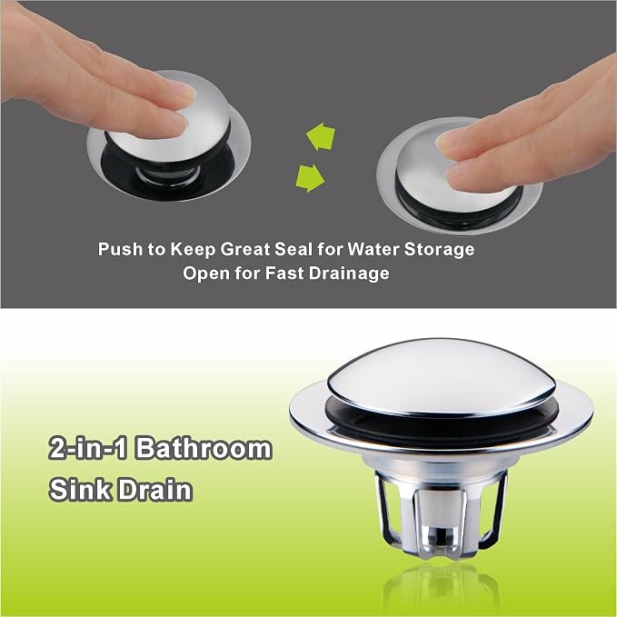 Pop Up Sink Drain Stopper Hair Catcher - Chrome 1 Pack | Polished chrome sink stopper, Fits 1-1/8 & 1-1/2 drains, Premium drain plug, Brass basket filter, Easy clean tool free.